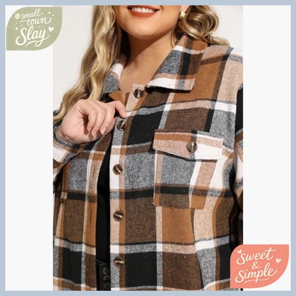 Plus Size Flannel Shacket Long Sleeve Button Down Blouse Casual Tops - Picture 4 of 6